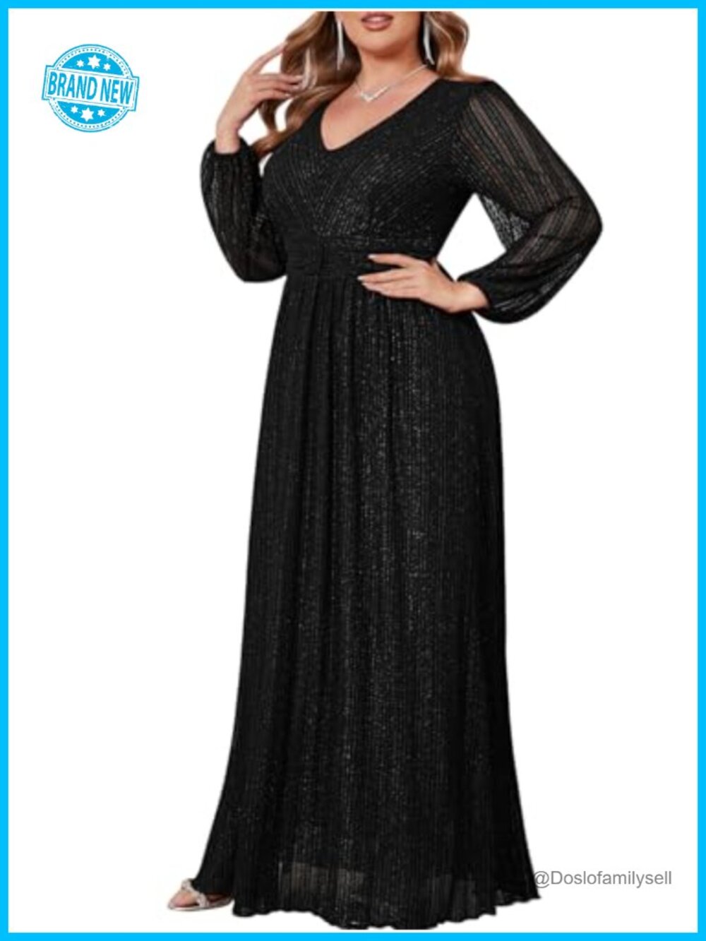 Plus Size Sparkly Lace Formal Maxi Dress V Neck Long Sleeve Evening Gown
